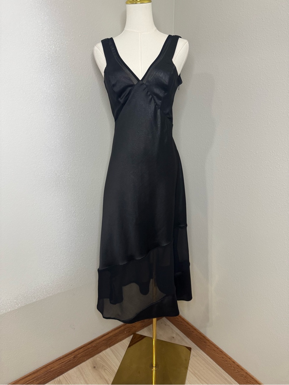 DKNY Capsule Collection Black Satin Midi Dress Size 0 NWT Asymmetrical Hem